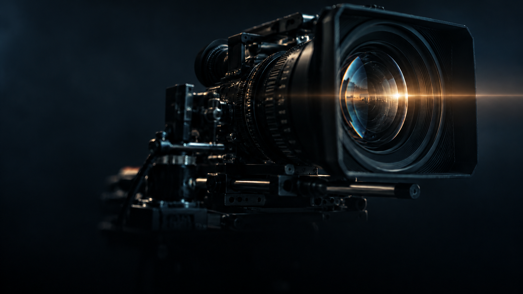 A cinema camera lens catching a subtle horizontal flare
